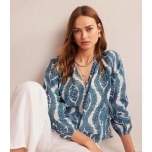 Boden Blue White Printed V-Neck Blouse